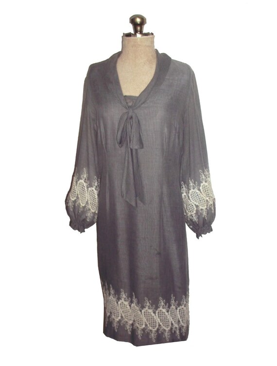 Ranelle Grey White Embroidery Eyelet Foldover Cowl Tie Neck Vintage Short  Gauze Cotton Voile Dress