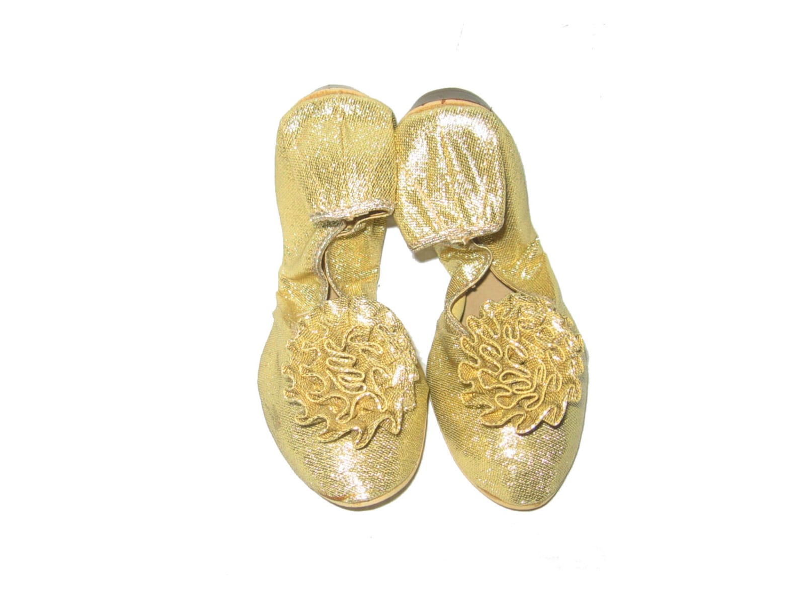 vtg rare stunning bertlyn new york metallic gold lurex lame flat heel rosette twiggy era mod ballet flat stretch shoes size med