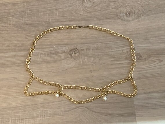 Vintage Gold Chain Strands Pearl Beads Accent Metal Dangling 