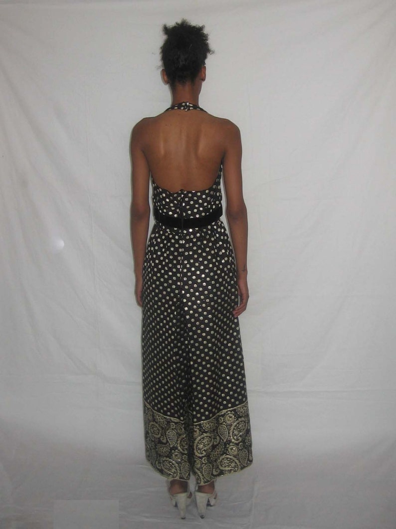 Vintage NWT Unworn Sue Saunders Black Metallic Lame Brocade Gold Polka Dot Paisley Border Print Wide Leg Palazzo Halter Dress Jumpsuit image 5