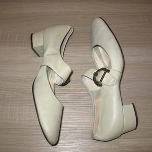 Vintage Sbicca Light Green Aqua Leather Big Buckled Mary Jane Oxford Chunky Heel Ballet Tap Dancing  Multifunctional Mod Shoes Size 9N