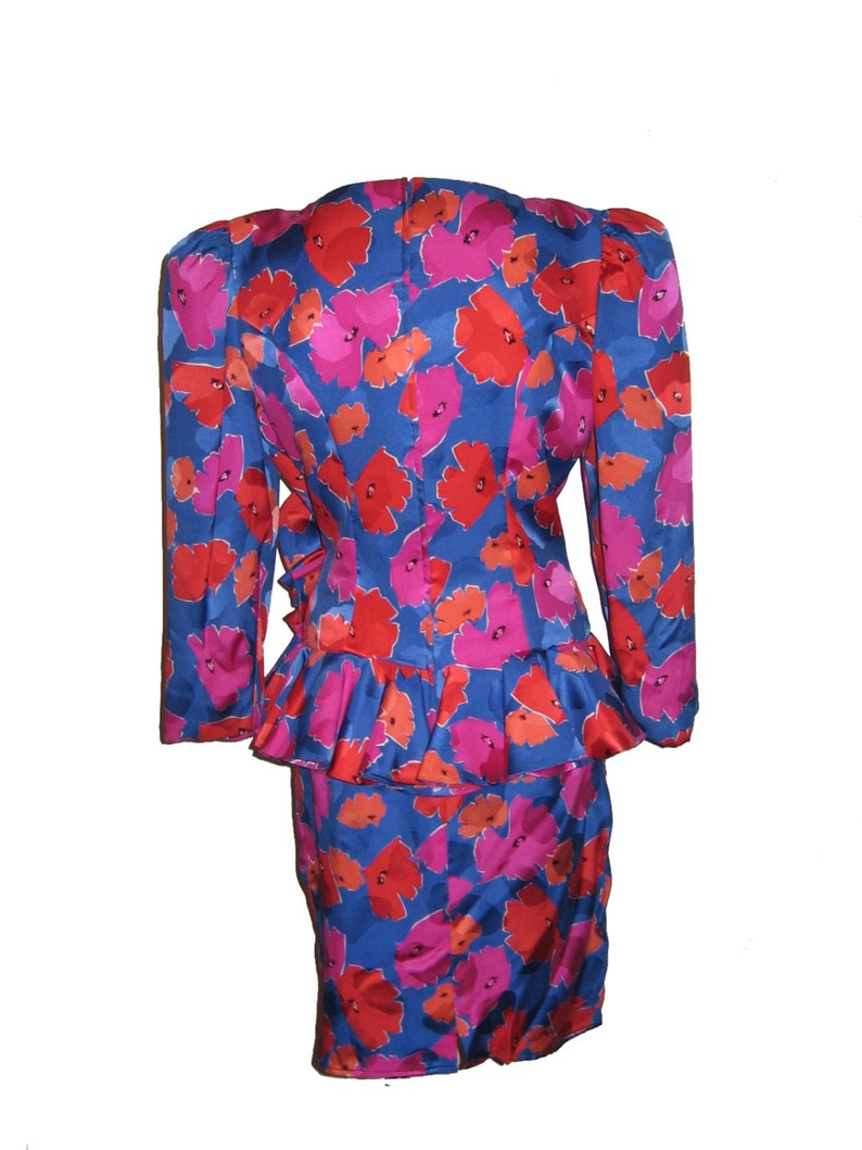 Vintage Raul Blanco Bergdorf Goodman 2pc Vibrant Multicolor Floral Print Avant Garde Silk Jacket Top Skirt Set Puff Sleeve Size