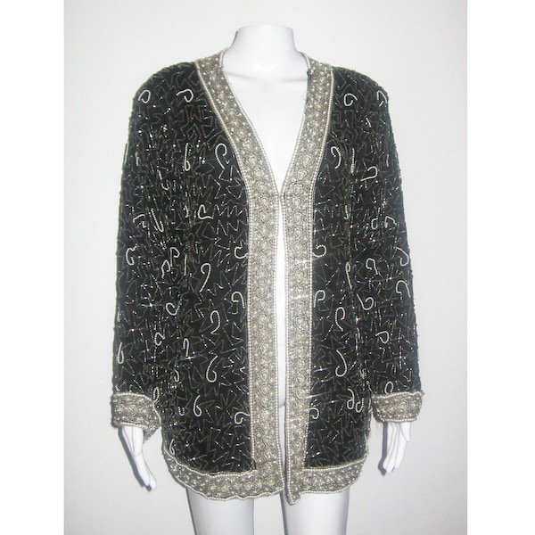 Vintage Laurence Kazar New York Black White Silver Pearl Beads Embellished Silk Polyester Lining Slouchy Trophy Jacket Mini Dress Size 2X