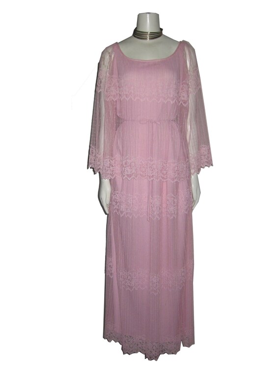 Vintage Pink Overlay Long Belted Floral Mesh Lace… - image 2