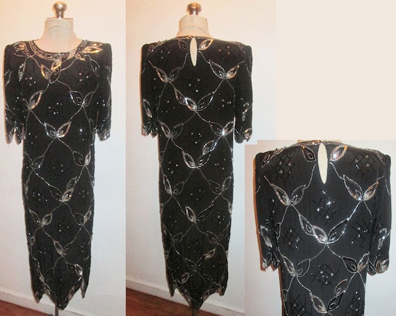 Vintage Black Silver Glam Leaf Diamonds Sequins B… - image 1