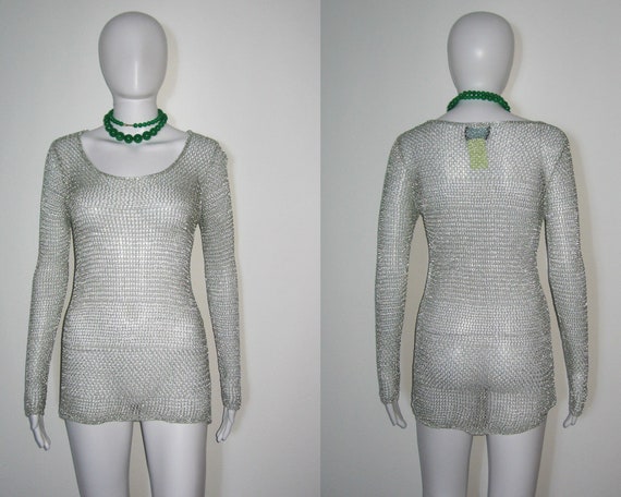 VTG Cynthia Rowley Metallic Silver Lurex Crochet … - image 1
