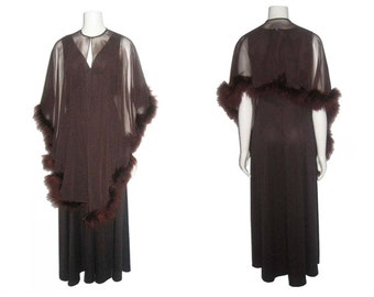 Vintage Stunning 2pc Ensemble Brown Sleeveless Empire Waist Long Disco Mod Flared Dress w/ See Thru Sheer Feather Boa Trim Cover-up Shawl