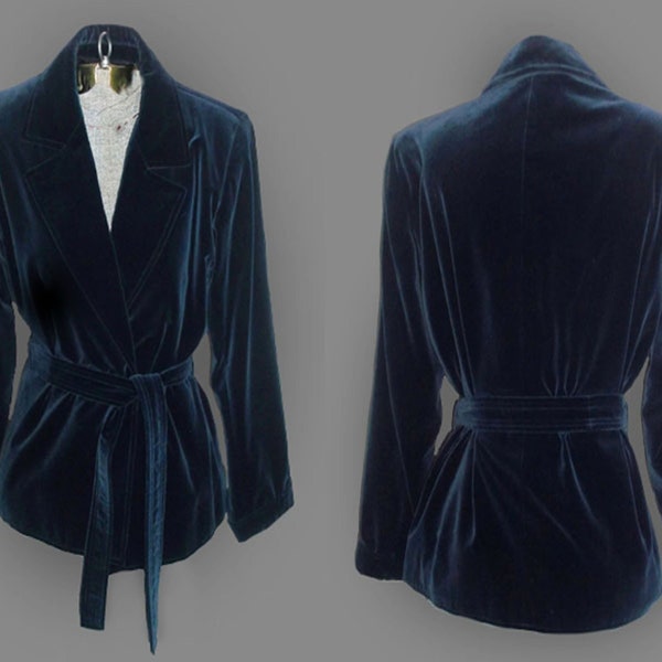 Vintage YSL Saint Laurent Rive Gauche Blue Velvet Safari Turnback Cuff Belted Wrap Wide Collar Jacket