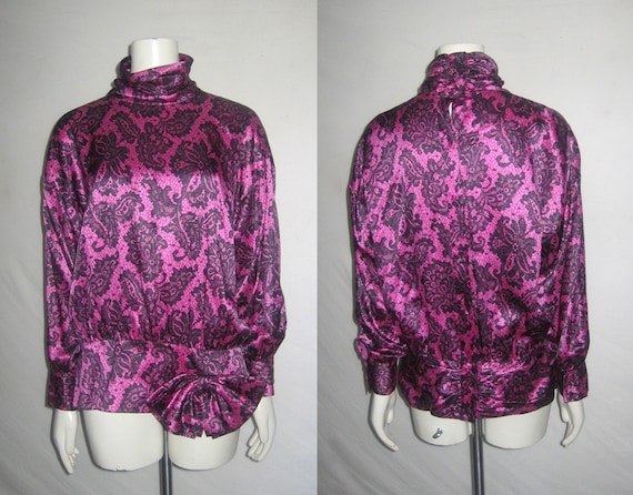 Vintage Pink Black Floral Lace Silk Print Buttoned