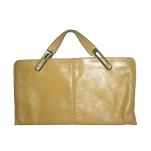 Vintage Rare Bold Statement Beige Gold Double Handle Zippered Long & Large Clutch Envelope Leather Handbag