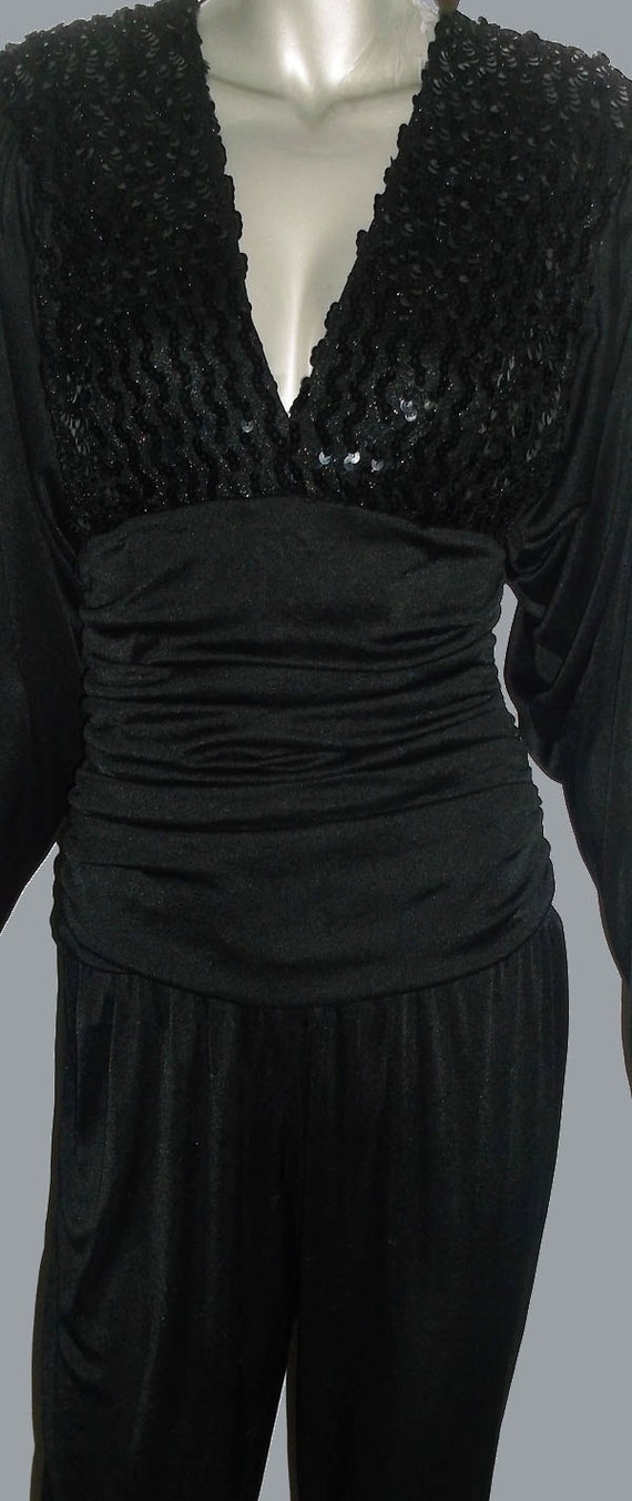 Vintage Black Shirred Puff Dolman Sleeve Deep V-n… - image 3