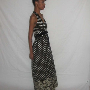 Vintage NWT Unworn Sue Saunders Black Metallic Lame Brocade Gold Polka Dot Paisley Border Print Wide Leg Palazzo Halter Dress Jumpsuit image 7