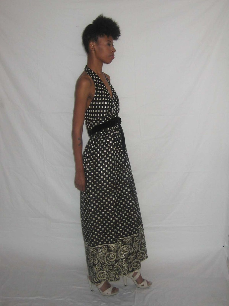 Vintage NWT Unworn Sue Saunders Black Metallic Lame Brocade Gold Polka Dot Paisley Border Print Wide Leg Palazzo Halter Dress Jumpsuit image 7