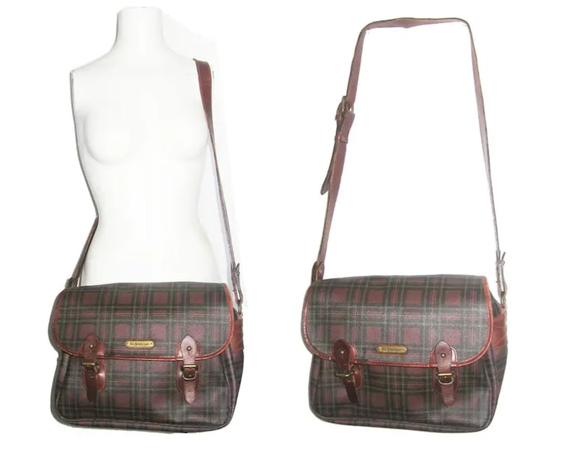 VTG Rare Polo Ralph Lauren Brown Multi Tartan Plaid Canvas Vinyl Leather Fabric Lined Large Multifunctional Tote Crossbody Messenger Handbag image 7