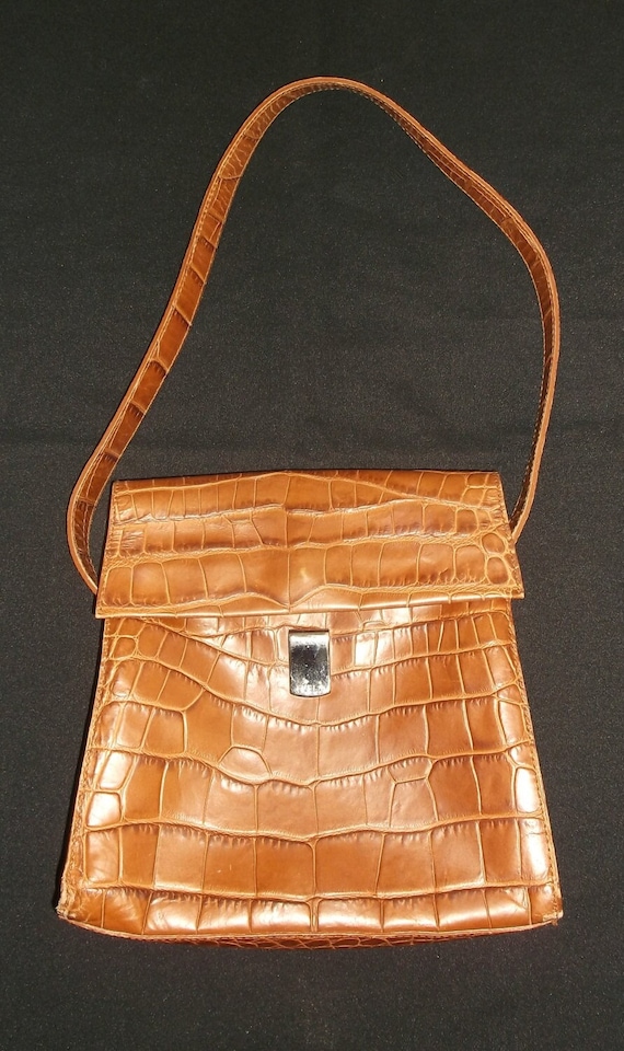 Vintage Furla Made In Italy Brown Embossed Crocodile Leather Flap Closure Signature Lined Kelly Handbag