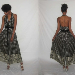 Vintage NWT Unworn Sue Saunders Black Metallic Lame Brocade Gold Polka Dot Paisley Border Print Wide Leg Palazzo Halter Dress Jumpsuit image 3