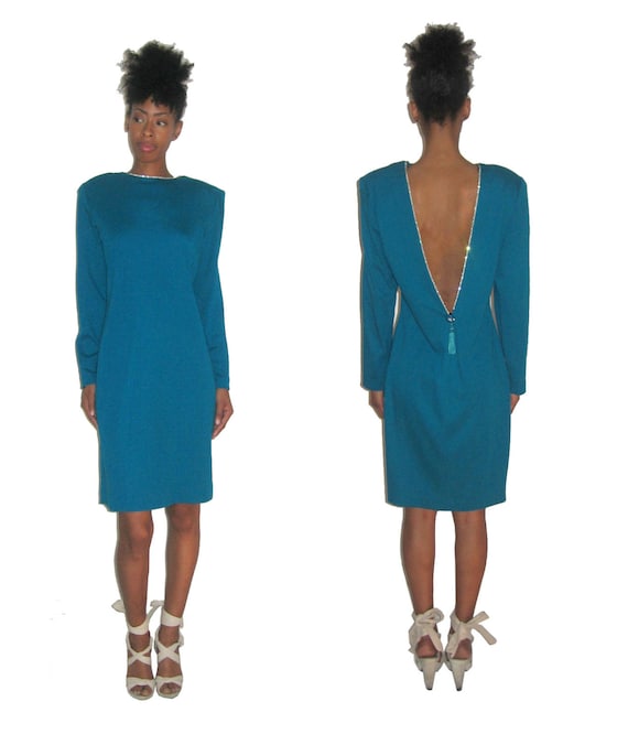 Vintage NWT ET AL Turquoise Rhinestone Deep V-Back