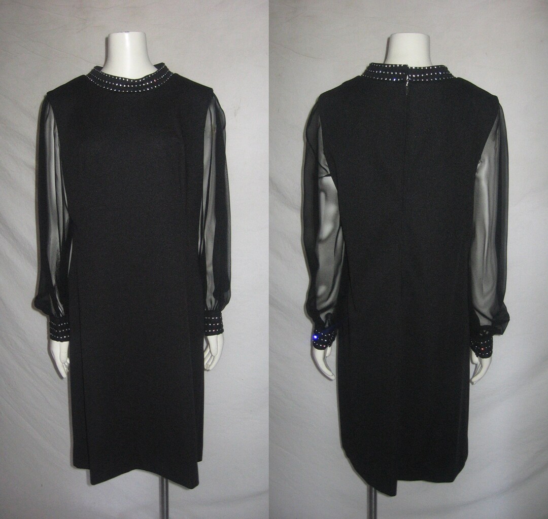 VTG Stunning Black Stand up Collar See Thru Sleeves Rhinestone Beads ...