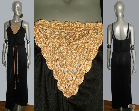 Vintage Brown Beige Crochet Beads Embellished Str… - image 1