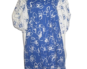 Vintage David Brown Royal Blue White Floral Print Balloon Puff Sleeve Tuck Pleats Dress Size XS