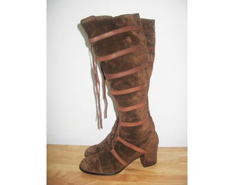 Vintage Bootalinos Made In Yugoslavia Brown Suede Lace Tie Mod Hippie Boho Tall Boots Size 6 1/2 M