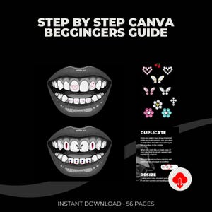Puede incluir: Una gu&iacute;a paso a paso para principiantes sobre c&oacute;mo usar Canva para crear dise&ntilde;os personalizados. La gu&iacute;a incluye instrucciones sobre c&oacute;mo duplicar y cambiar el tama&ntilde;o de los elementos. La imagen tambi&eacute;n muestra una variedad de elementos decorativos coloridos, incluidos corazones, mariposas y flores.