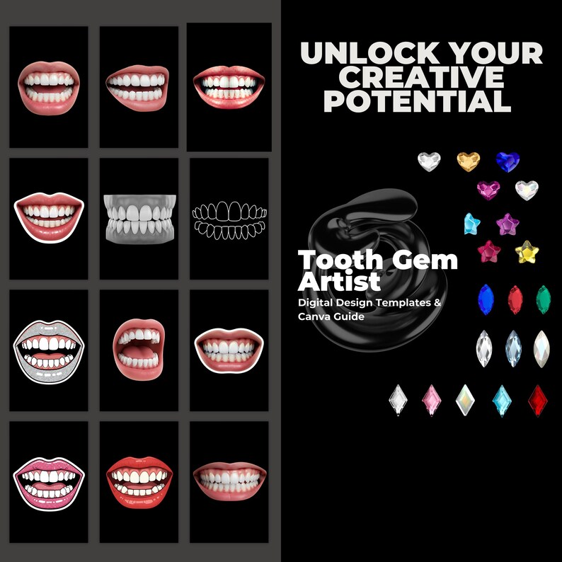 Puede incluir: Una plantilla de dise&ntilde;o digital para crear dise&ntilde;os de gemas dentales. La imagen muestra una variedad de formas de dientes y una selecci&oacute;n de gemas coloridas. El texto "Desbloquea tu potencial creativo" y "Tooth Gem Artist" se muestra en el lado derecho de la imagen.