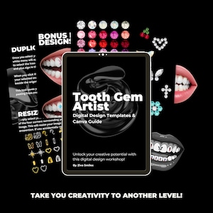 Puede incluir: Una plantilla de dise&ntilde;o digital y una gu&iacute;a de Canva para crear dise&ntilde;os de gemas dentales. La portada presenta un dise&ntilde;o de espiral negro con el texto "Tooth Gem Artist" y "Digital Design Templates & Canva Guide". El texto "Unlock your creative potential with this digital design workshop!" tambi&eacute;n est&aacute; incluido. El texto "By Ziva Smiles" est&aacute; en la parte inferior de la portada.