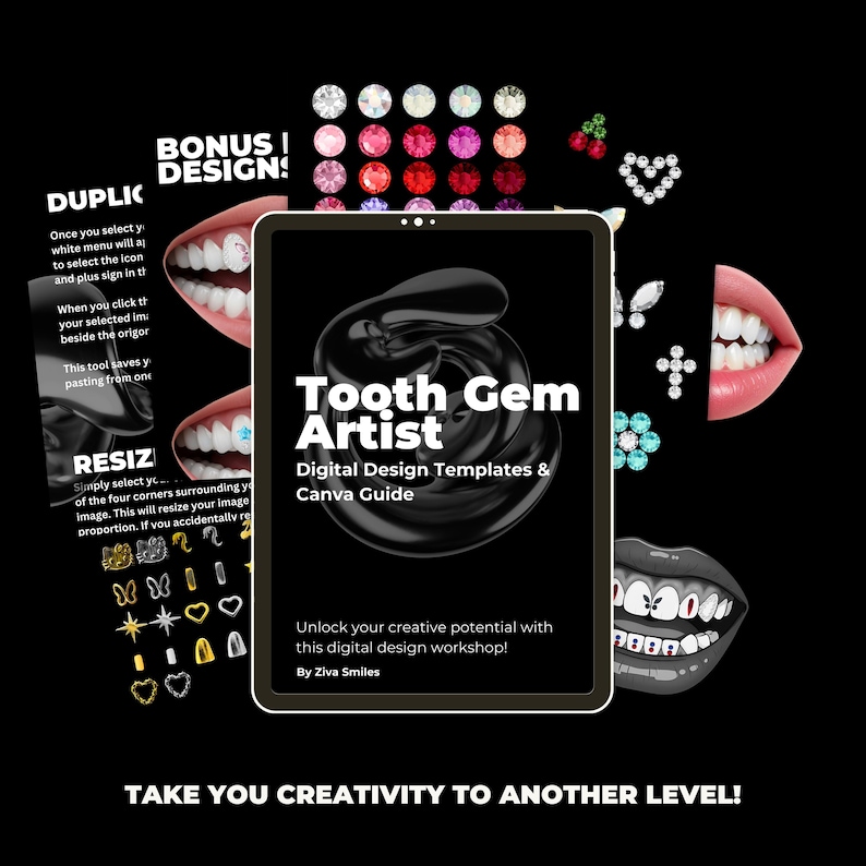 Puede incluir: Una plantilla de dise&ntilde;o digital y una gu&iacute;a de Canva para crear dise&ntilde;os de gemas dentales. La portada presenta un dise&ntilde;o de espiral negro con el texto "Tooth Gem Artist" y "Digital Design Templates & Canva Guide". El texto "Unlock your creative potential with this digital design workshop!" tambi&eacute;n est&aacute; incluido. El texto "By Ziva Smiles" est&aacute; en la parte inferior de la portada.