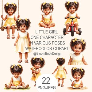 Cute Latina Girl Clipart Um personagem em várias poses, Um personagem em diferentes situações, PNG transparente, Aquarela Kids Clipart