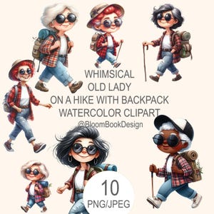 Wunderliche lustige Oma auf dem Wandern Clipart, schrullige Clipart der alten Damen, transparente PNG, Aquarell Frauen Clipart, ältere Frau wandern