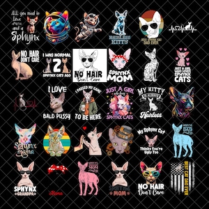 Puede incluir: Una colección de diseños gráficos con gatos Sphynx en varias poses y estilos. Los diseños incluyen texto como "No Hair Don't Care", "Sphynx Mom" y "Best Cat Dad Ever". Las imágenes están en varios colores y estilos.