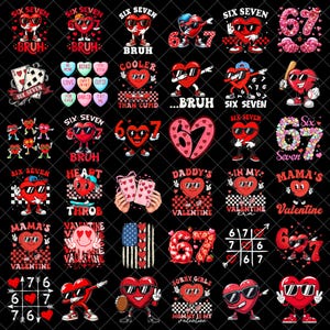 Puede incluir: Una colección de gráficos con temática de San Valentín que presentan personajes en forma de corazón con gafas de sol, texto y varios diseños. Los diseños incluyen frases como "Bruh", "Daddy's Valentine" y "Mama's Valentine".