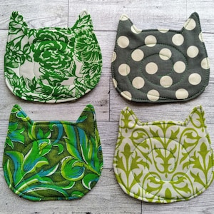 Kitty Cat Coasters Set of Four Quilted Fabric Mug Rug Assorted Green Prints and Gray Polka Dot image 1