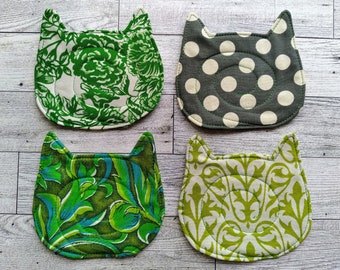 Kitty Cat Coasters - Set of Four - Quilted Fabric Mug Rug - Assorted Green Prints and Gray Polka Dot