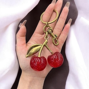 Red Cherries Keychain - Trendy Fruit Accessories for Fashionable Men and Women, Delicious Cherry Keyring, Fun Summer Fruits Jewelry