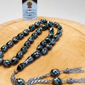 Oltu Stone Prayer Beads – Sterling Silver Tassel, Turkish Tesbih