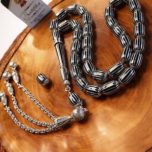 Perles de prière en pierre oltu, incrustation d'argent sterling 925, tasbih turc