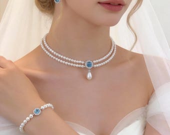 Swarovski Perlen Schmuck Set, Doppelstrang Choker, Klassische Hochzeit Halskette, Ohrringe, Armband