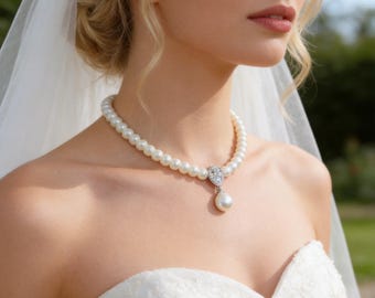 Swarovski Pearl Bridal Necklace with Teardrop Zircon Pendant, Elegant Anniversary Gift for Her