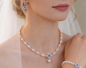 Swarovski Pearl Wedding Jewlery Set, Blue Gem Bridal Wearings, Elegant Pearl Necklace, Earrings, Bracelet