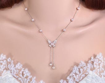 Butterfly & Swarovski Pearl Necklace, Elegant Bridal Jewelry, good for wedding gifts
