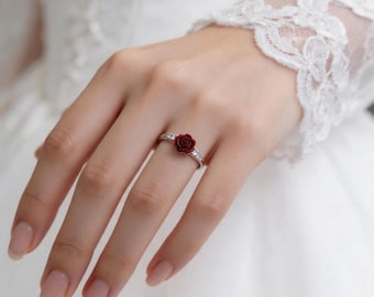 Red & Black Rose Ring, Silver Plated Floral Ring, Romantic Gift for Her