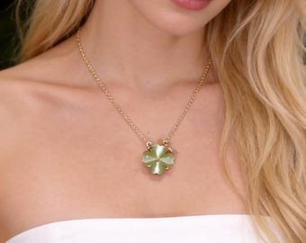 14K Gold Plated Four Leaf Clover Necklace, Cat's Eye Stone Pendant