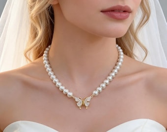 Swarovski Pearl Butterfly Necklace, Magnetic Pendant Pearl Choker, Elegant Bridal Jewelry