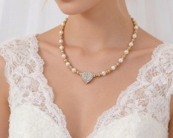 Magnetic Swarovski Pearl Necklace, Heart Shape Pendant Choker, Bride Gifts, 2 in 1 Jewelry