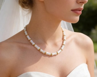Natural Sea Shell Necklace, Gold Tone Bridal Choker, Minimalist Wedding Jewelry Accessory