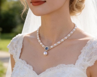 Swarovski Perle Braut Halskette, Blauer Edelstein Elegante Hochzeit Choker, Perlenschmuck für Bräute
