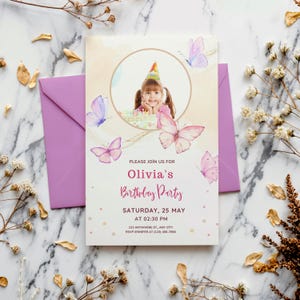 Quinceanera Einladung Canva Vorlage, bearbeitbare Geburtstagseinladung mit benutzerdefiniertem Foto, rosa Schmetterling digitale Karte, benutzerdefinierter druckbarer Download