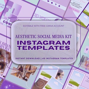 Puede incluir: Kit de redes sociales estético con plantillas de Instagram. El diseño presenta una combinación de colores púrpura claro y blanco con varias maquetas de publicaciones en redes sociales. El texto incluye "Aesthetic Social Media Kit" y "Instagram Templates".